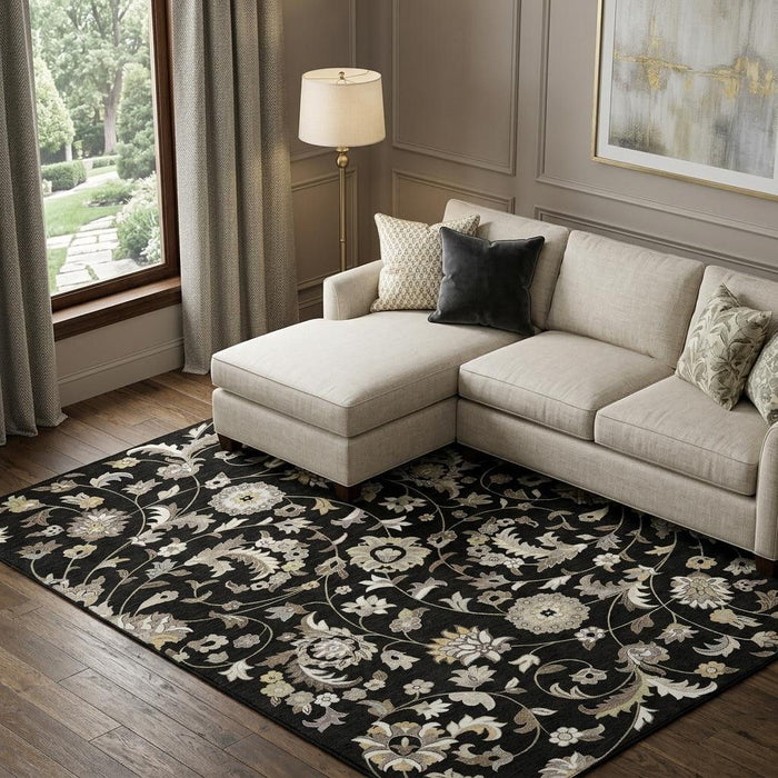 10' X 14' Floral Washable Area Rug With UV Protection (678964) - Black / Ivory / Beige