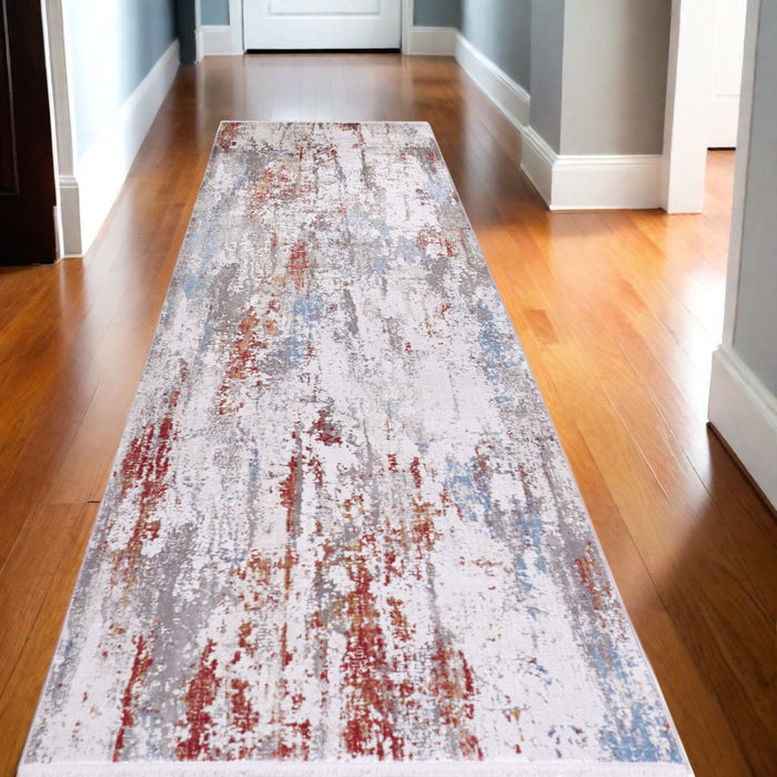10' Industrial Abstract Power Loom Runner Rug With Fringe - Gray / Red
