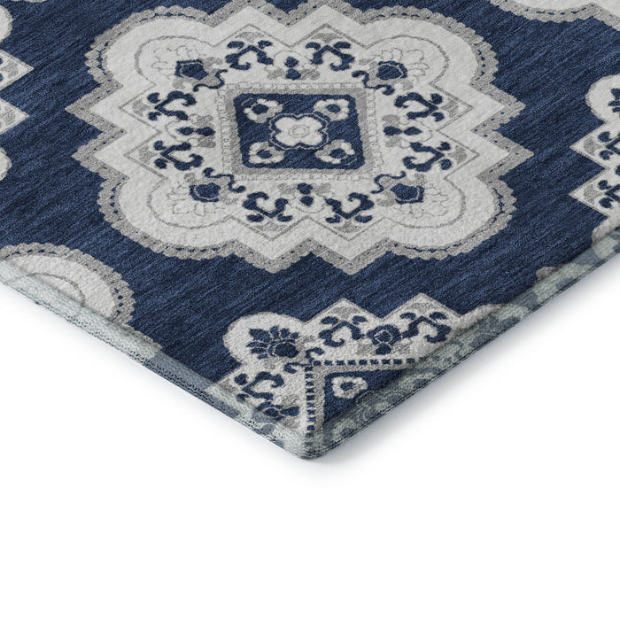 10' X 14' Medallion Washable Area Rug With UV Protection (669883) - Navy Blue / Ivory