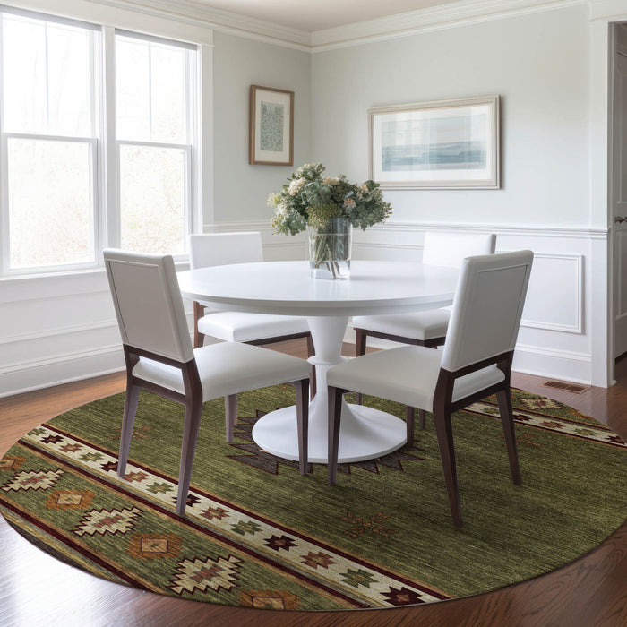 8' Southwest Geometric Washable Round Rug With UV Protection - Green