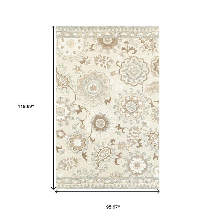 8' X 10' Wool Floral Hand Tufted Area Rug - Ivory And Gray