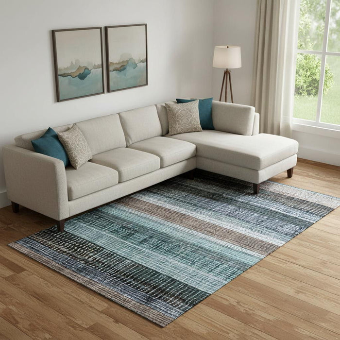 10' X 14' Striped Washable Area Rug With UV Protection (706463) - Teal / Brown