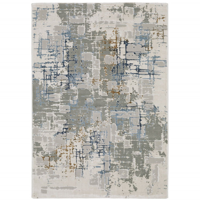 8' x 11' Abstract Power Loom Stain Resistant Area Rug - Gray Blue Brown Ivory And Deep Blue