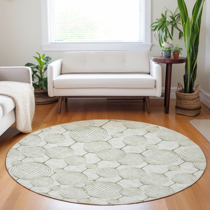 8' Geometric Washable Round Rug Polyester With UV Protection - Green And Beige