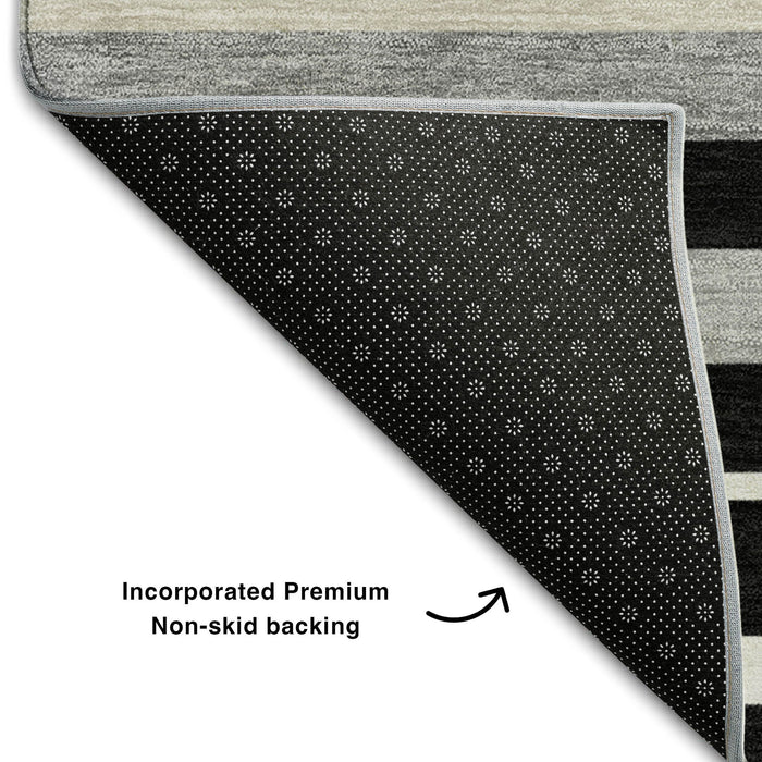 10' X 14' Striped Washable Area Rug With UV Protection (669901) - Black / Ivory / Gray