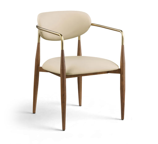 Vegan leather upholstered dining arm chair with walnut legs from Meridian Furniture, showcasing a modern design and plush seating.