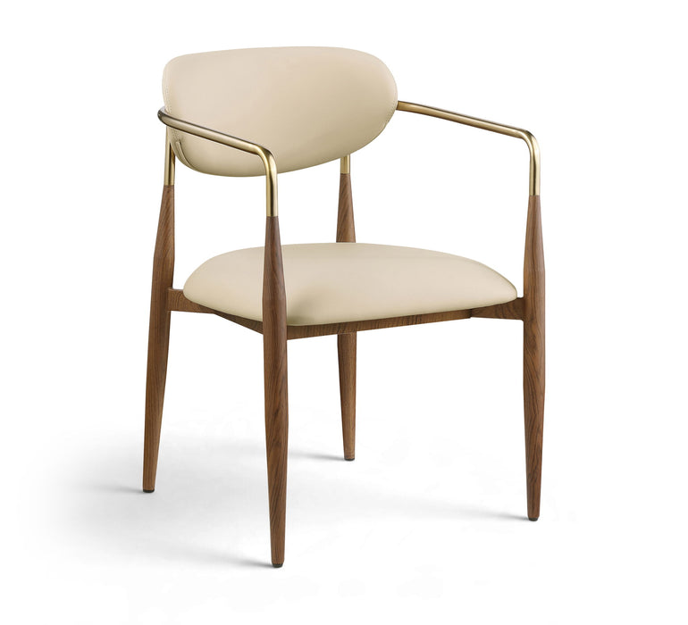 Vegan leather upholstered dining arm chair with walnut legs from Meridian Furniture, showcasing a modern design and plush seating.