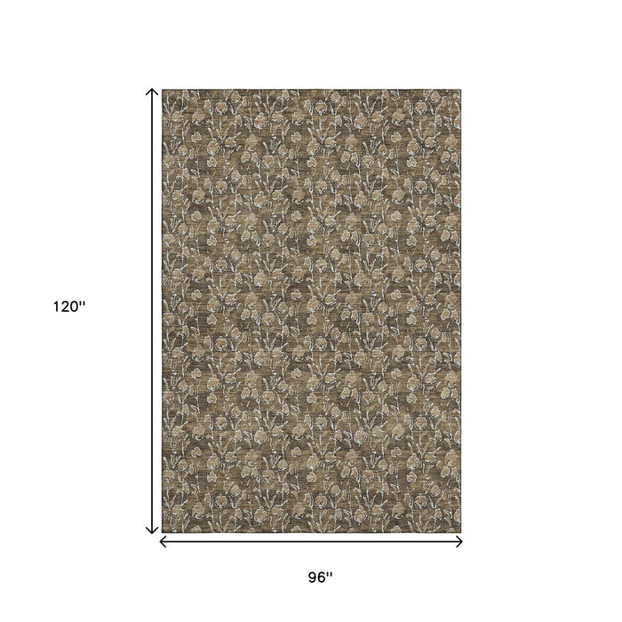 8' X 10' Floral Washable Area Rug With UV Protection (656434) - Brown / Ivory