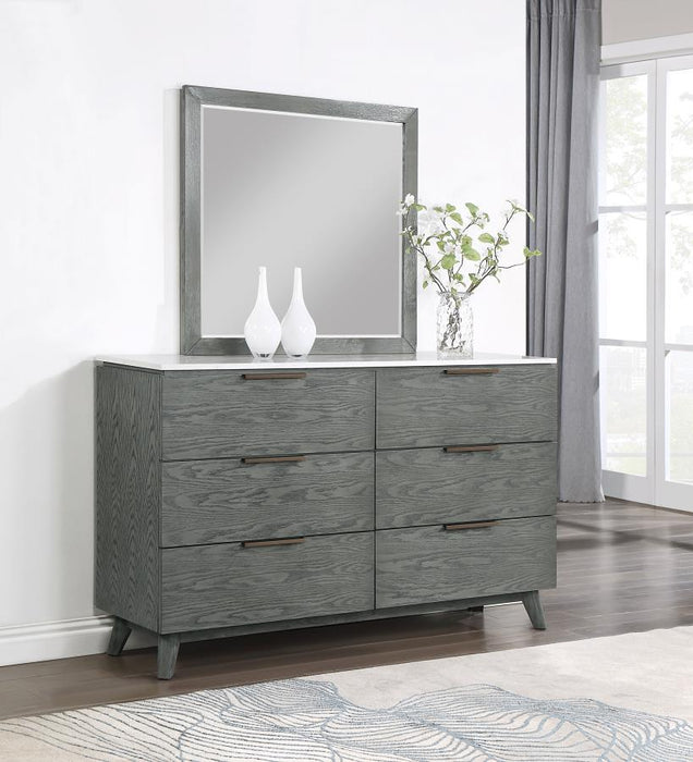 Nathan - 6-drawer Dresser With Mirror - White Marble And Grey