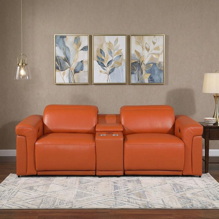 Italian Leather Power Reclining Loveseat With Storage (720527) - Orange / Black