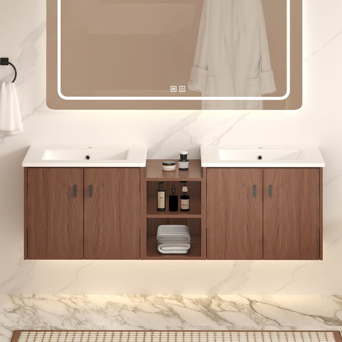 Giga soft close bathroom vanity with small storage shelves, 24" and 12" reddish brown cabinet, modern bathroom furniture