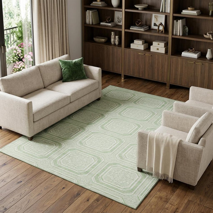 10' X 14' Geometric Washable Area Rug With UV Protection (693810) - Mint Green / Ivory