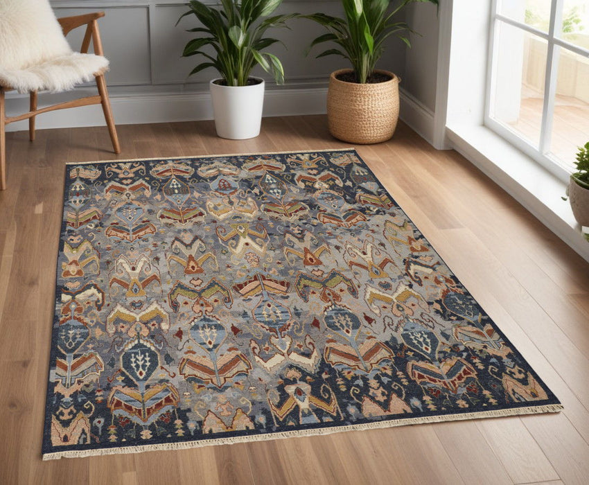 4' x 6' Wool Ikat Hand Knotted Area Rug With Fringe - Blue Gray And Brown