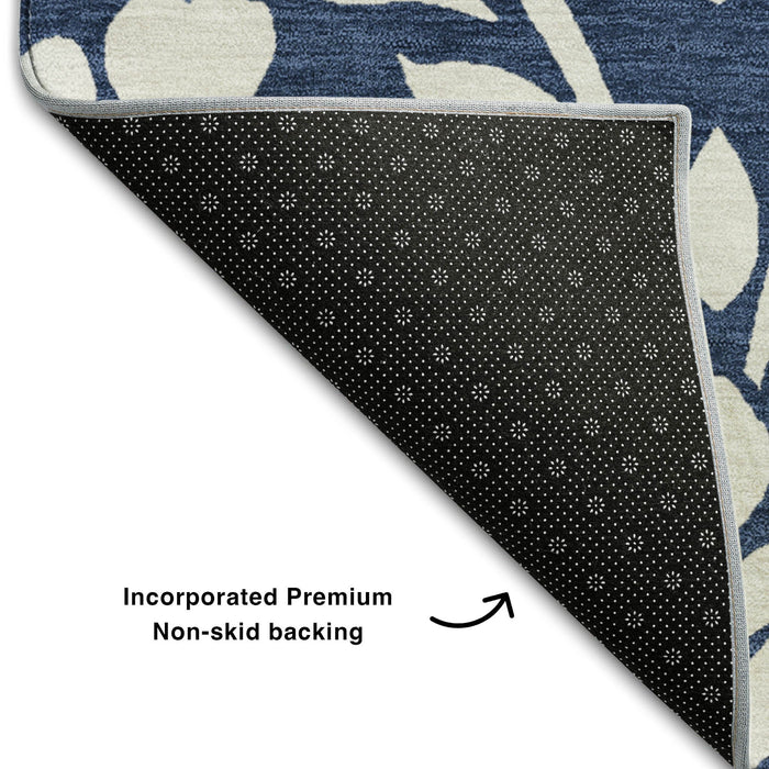 10' X 14' Floral Washable Area Rug With UV Protection (669630) - Navy Blue / Ivory