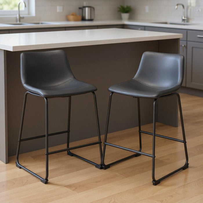 24" Transitional Faux Leather And Steel Counter Height Bar Chairs (Set of 2) - Black