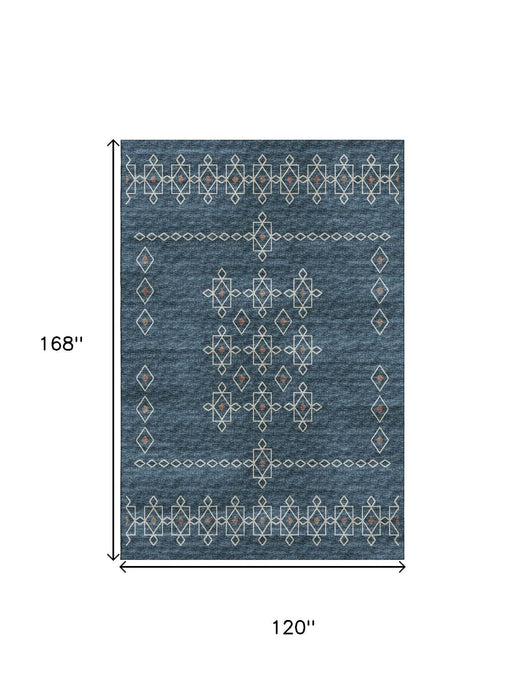 10' X 14' Tribal Washable Area Rug With UV Protection (644808) - Blue / Rust / Ivory
