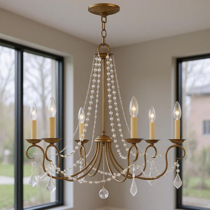 Antiqued gold 24-inch six-light chandelier with shades, dimmable, from HomeRoots, featuring elegant design and warm lighting.