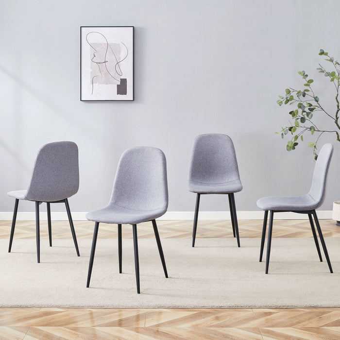 Set of four Giga luxury linen and cotton dining chairs with black metal legs in light gray, showcasing a modern, simple design.