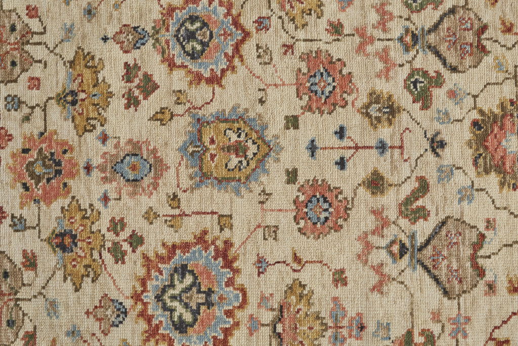 8' Wool Floral Hand Knotted Stain Resistant Runner Rug - Ivory Red And Blue
