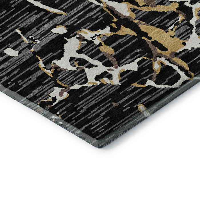 10' X 14' Striped Washable Area Rug With UV Protection (682031) - Black / Ivory / Gold