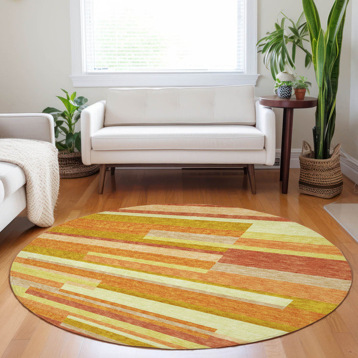 8' Striped Washable Round Rug With UV Protection - Orange And Gold