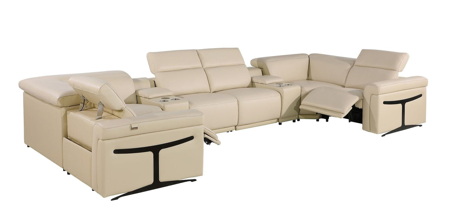 Power Reclining Italian Leather Eight Piece Corner Sectional With Console - Beige