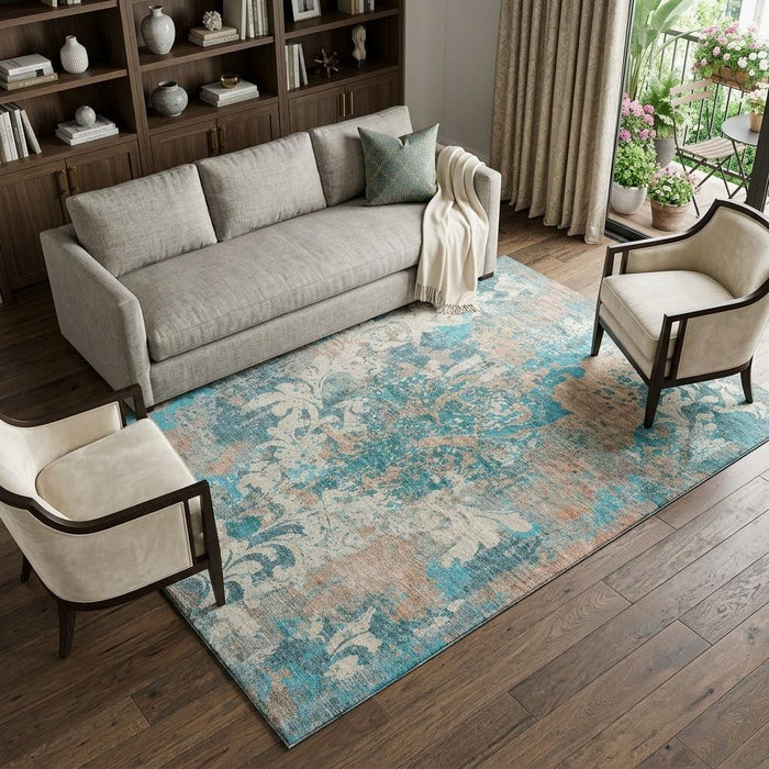 10' X 14' Damask Washable Area Rug With UV Protection (674383) - Teal / Beige / Taupe