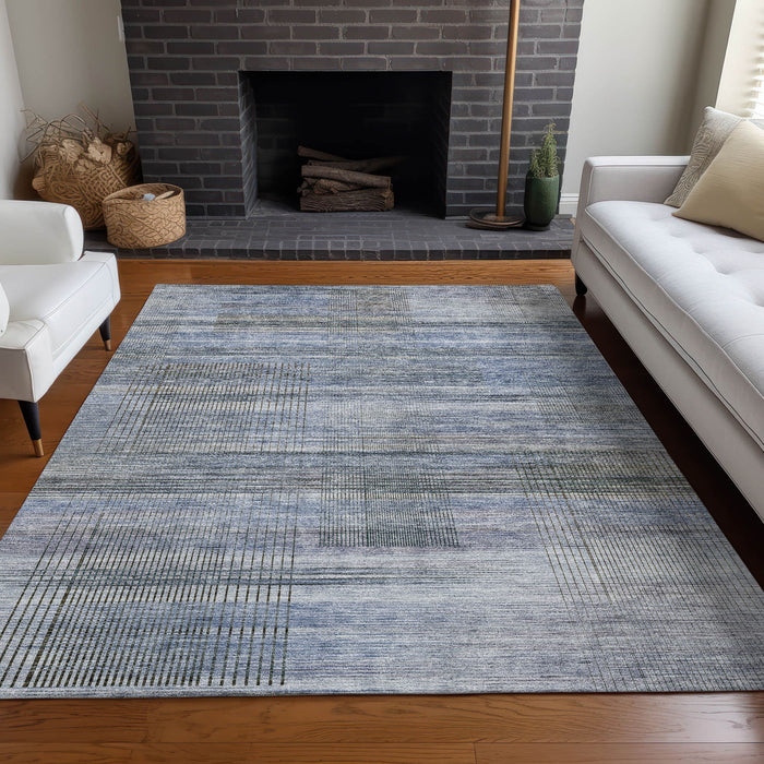 10' X 14' Striped Washable Area Rug With UV Protection - Blue And Gray