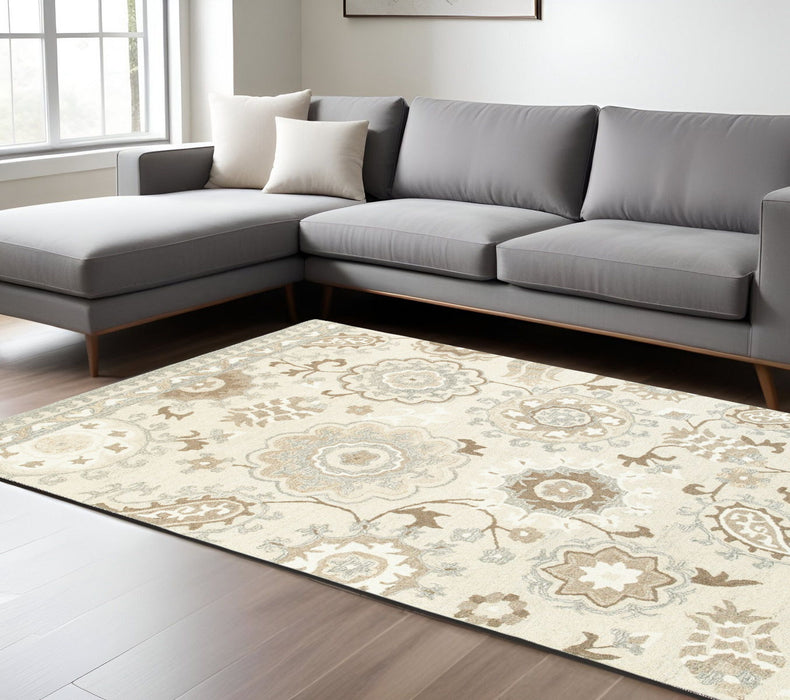 8' X 10' Wool Floral Hand Tufted Area Rug - Ivory And Gray