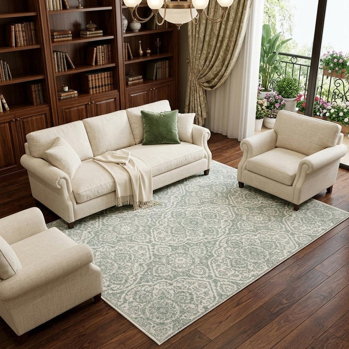 8' X 11' Medallion Area Rug With Fringe (575122) - Teal / Ivory