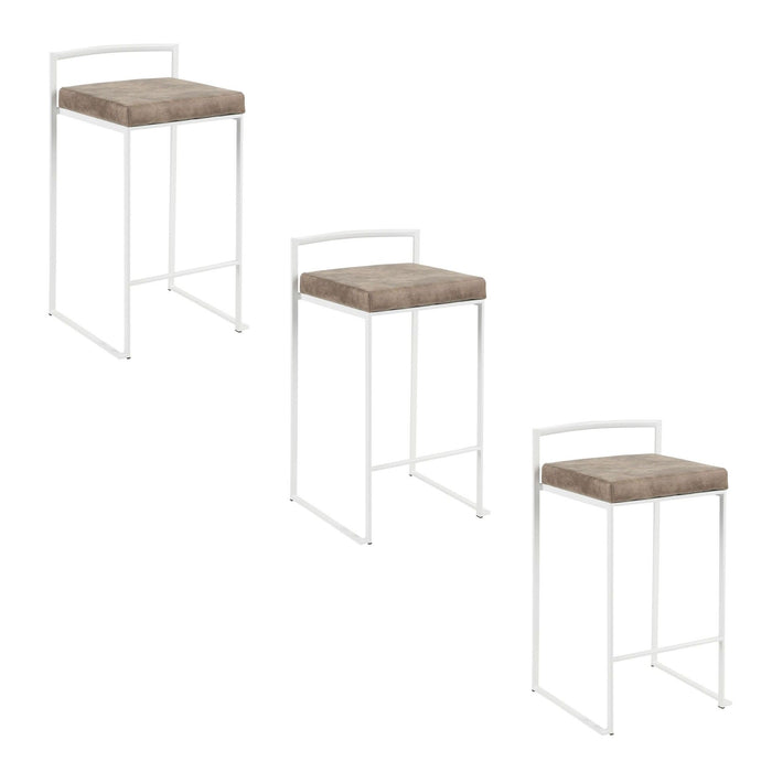 Fuji - 26" Stackable Counter Stool (Set of 3) - White Metal With Brown Cowboy Fabric Cushion