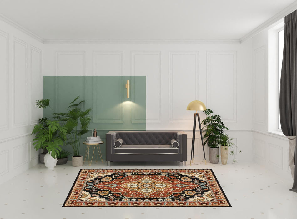 6' x 9' Oriental Power Loom Stain Resistant Area Rug With Fringe - Black Orange And Beige