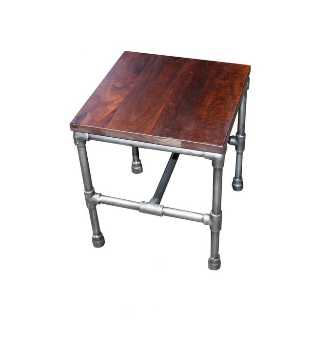 16" Distressed Solid Wood And Iron Square End Table - Brown And Silver
