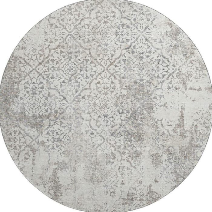 8' Abstract Washable Round Rug With UV Protection - Ivory And Gray