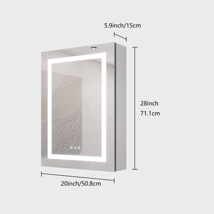 Silver Giga 20x28" wall-mounted medicine cabinet with LED mirror, anti-fog, dimmable lights, single door, touch switch, storage shelves