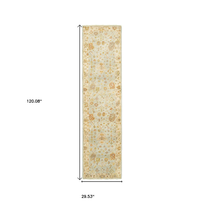 10' Wool Oriental Hand Knotted Runner Rug - Blue And Sand