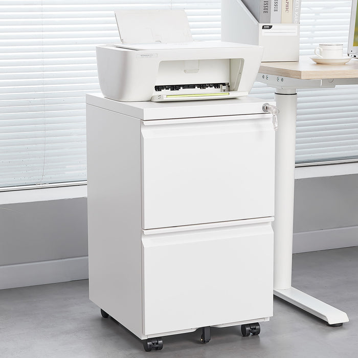 Giga metal 2-drawer locking file cabinet with wheels, suitable for letter, legal, and A4 papers, ideal for home office organization.