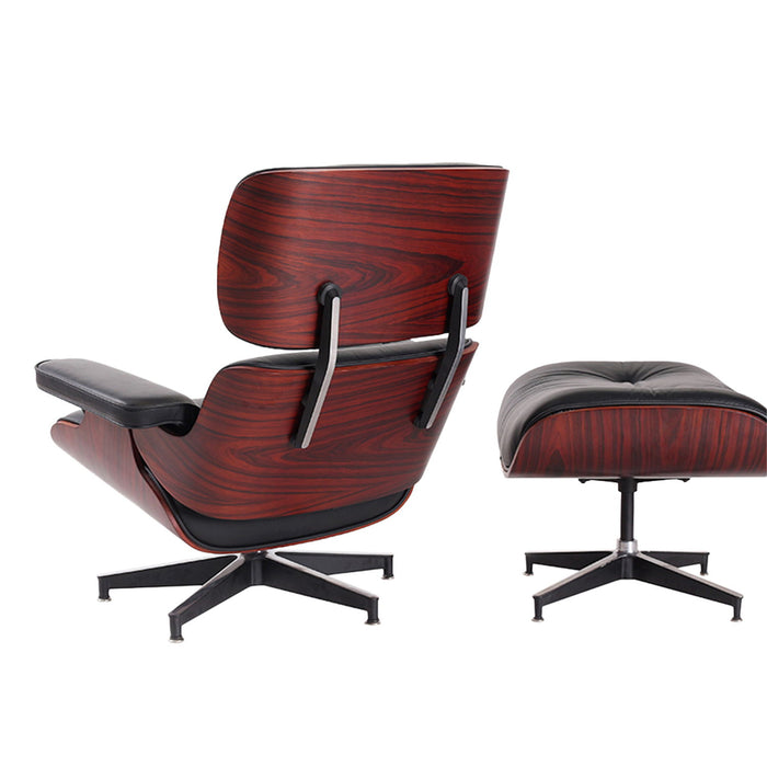 Black tufted leather swivel lounge chair with matching dark brown ottoman, featuring a stationary design and modern style.