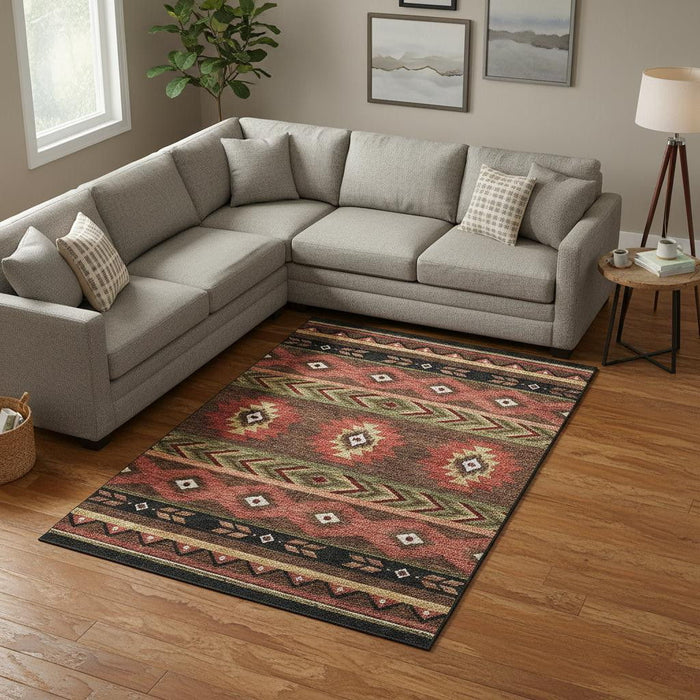 8' X 10' Geometric Washable Area Rug With UV Protection (645658) - Brown / Green / Rust