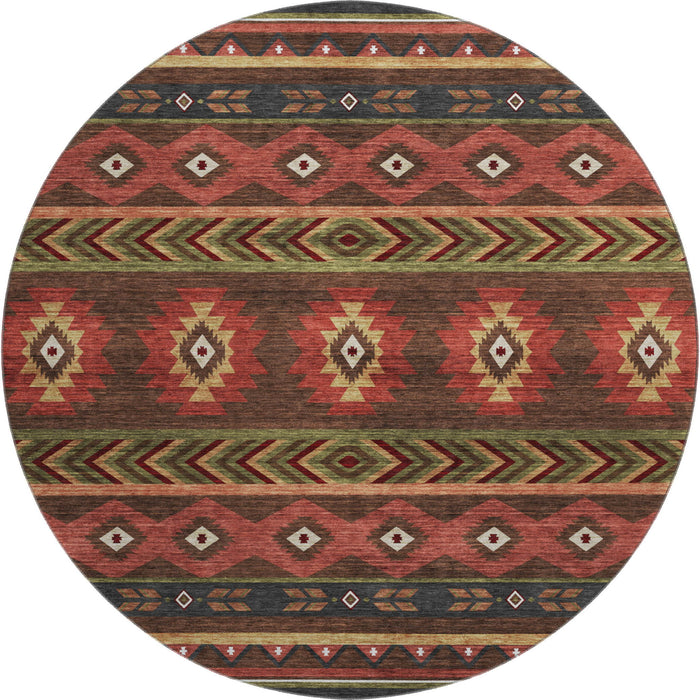 8' Geometric Washable Round Rug With UV Protection (645657) - Brown / Green / Rust