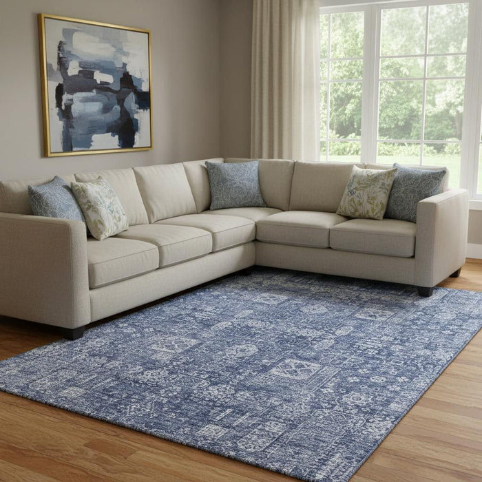 9' X 12' Floral Washable Area Rug With UV Protection (653403) - Navy Blue / Ivory