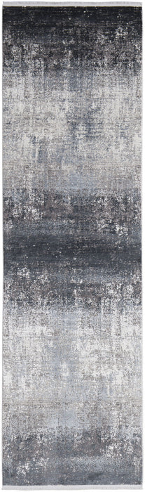 3' x 10' Abstract Power Loom Distressed Runner Rug With Fringe - Gray Black And Silver
