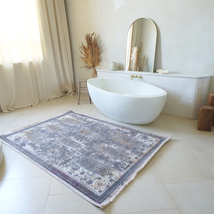 9' x 12' Oriental Power Loom Washable Non Skid Area Rug - Gray And Ivory
