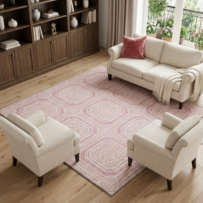 10' X 14' Geometric Washable Area Rug With UV Protection (693828) - Pink / Ivory