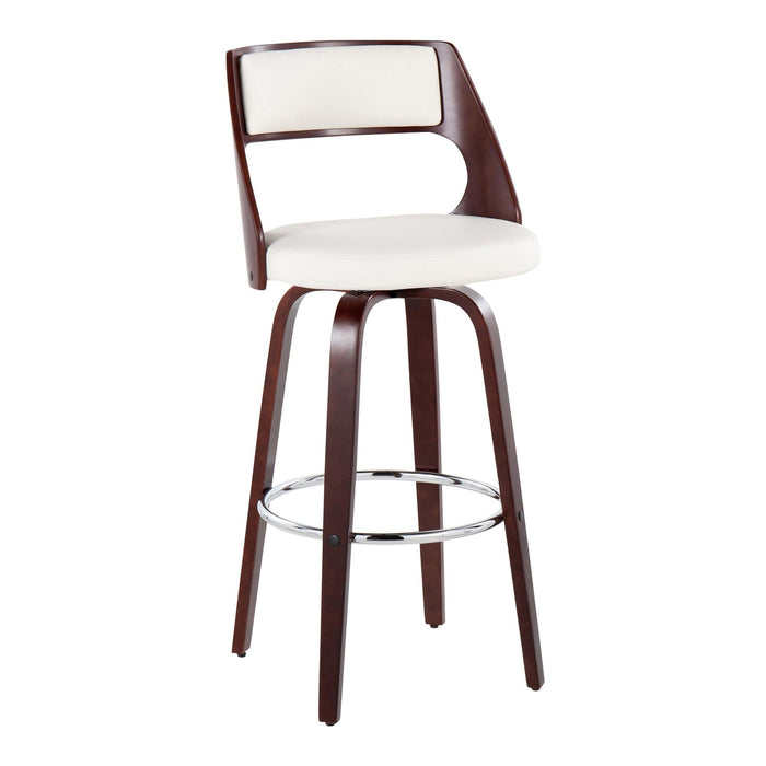 Cecina - 30" Fixed-Height Barstool With Swivel And Round Chrome Metal Footrest (Set of 2) - Cherry Wood And White Faux Leather