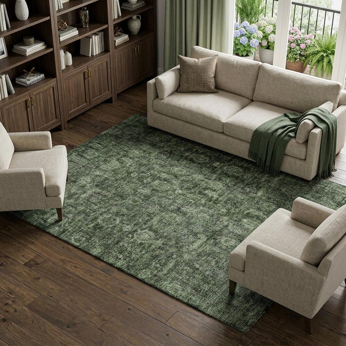 10' X 14' Damask Washable Area Rug With UV Protection (686747) - Artichoke Green / Gray