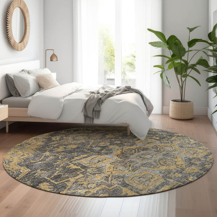 8' Floral Medallion Washable Round Rug With UV Protection - Gray