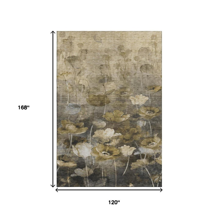 10' X 14' Floral Washable Area Rug With UV Protection (651280) - Taupe / Gold / Ivory