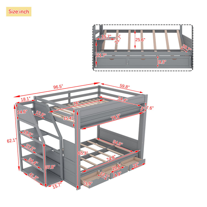 Gray Giga wood full-size convertible bunk bed with storage staircase, bedside table, and three drawers in a bedroom setting.