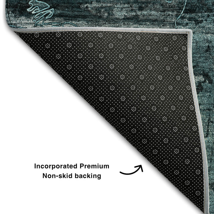 8' Abstract Washable Round Rug With UV Protection (648877) - Teal / Gray